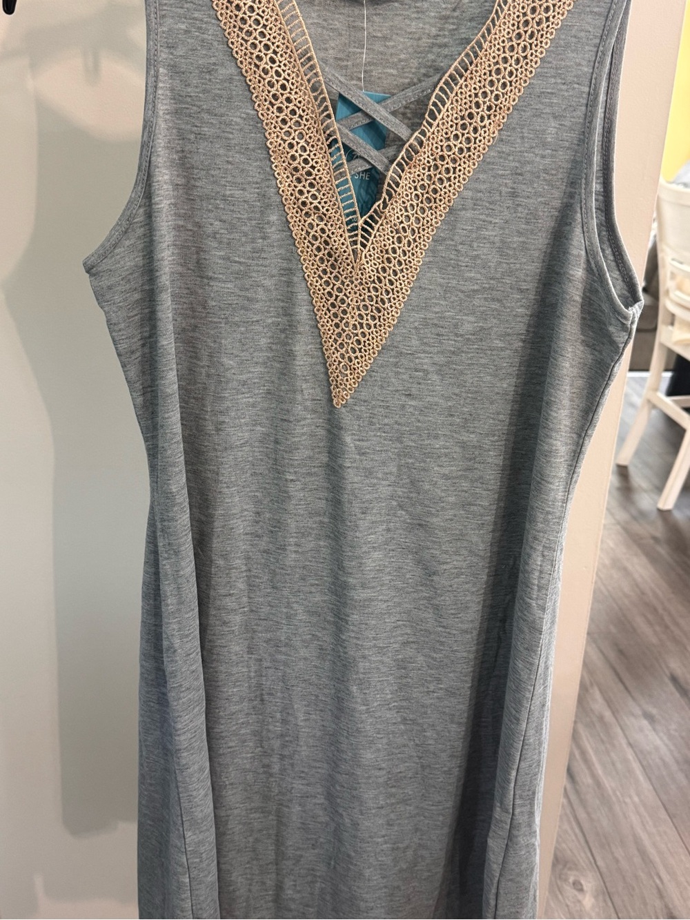 Cupshe Grey Knit Dress with Beige Crochet V-Neck